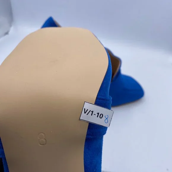 YDN Blue Suede Chunky High Heel Square Toe Loafer Buckle Office Pumps - Picture 8 of 11